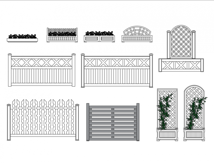 Garden flower planters bed and wooden perimeter fence cad drawing details dwg file