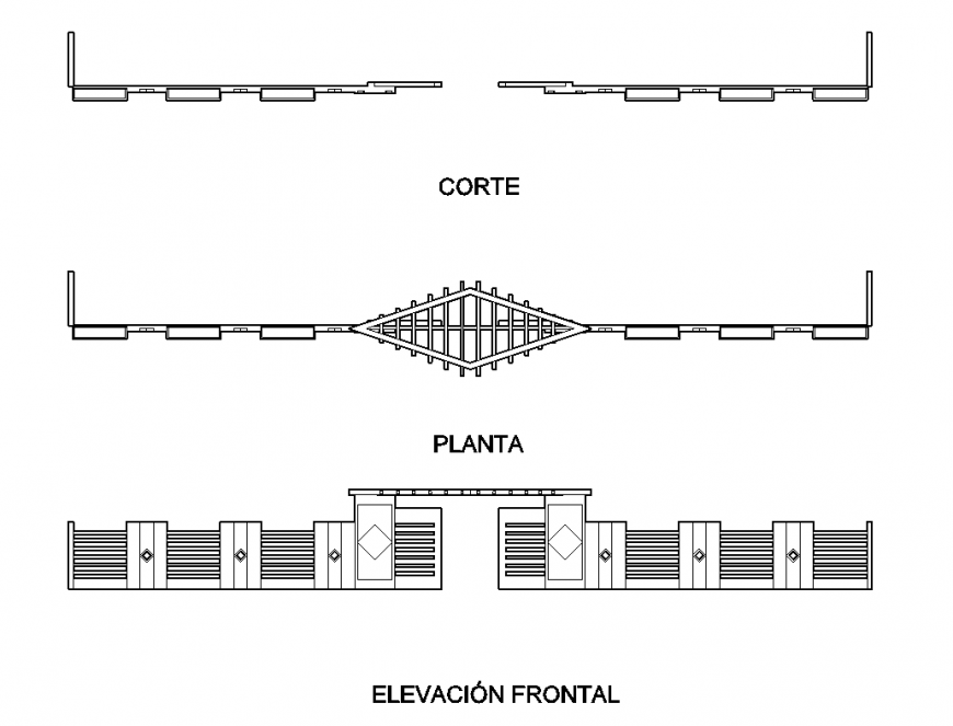 Garden gate front elevation, section and top view plan details dwg file