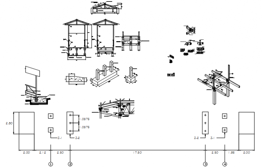 Garden gazebo section, construction and structure details dwg file