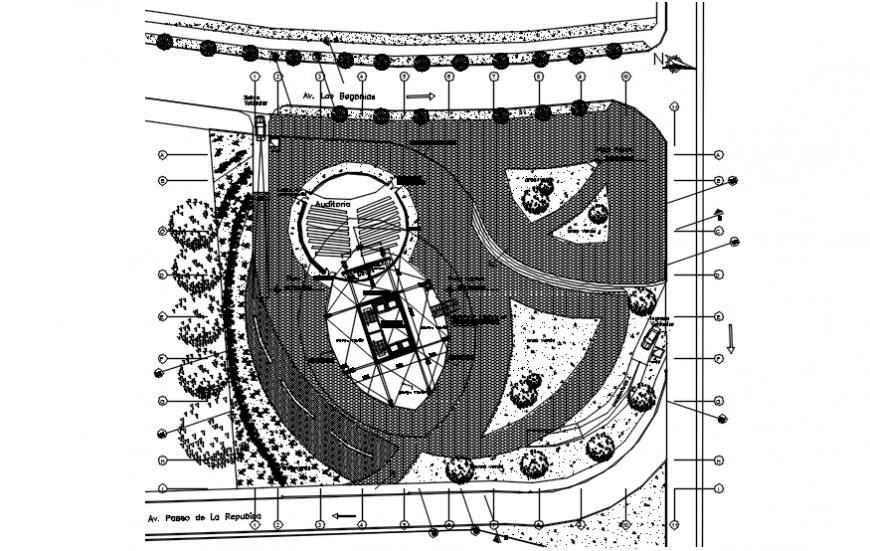 Garden of office tower layout plan and landscaping details dwg file