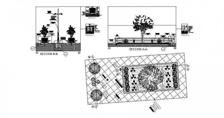 Garden plan and section drawing in dwg AutoCAD file.