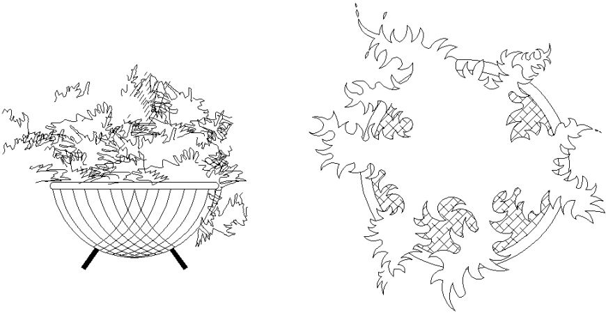 Garden plant with pot front and top view elevation cad block details dwg file