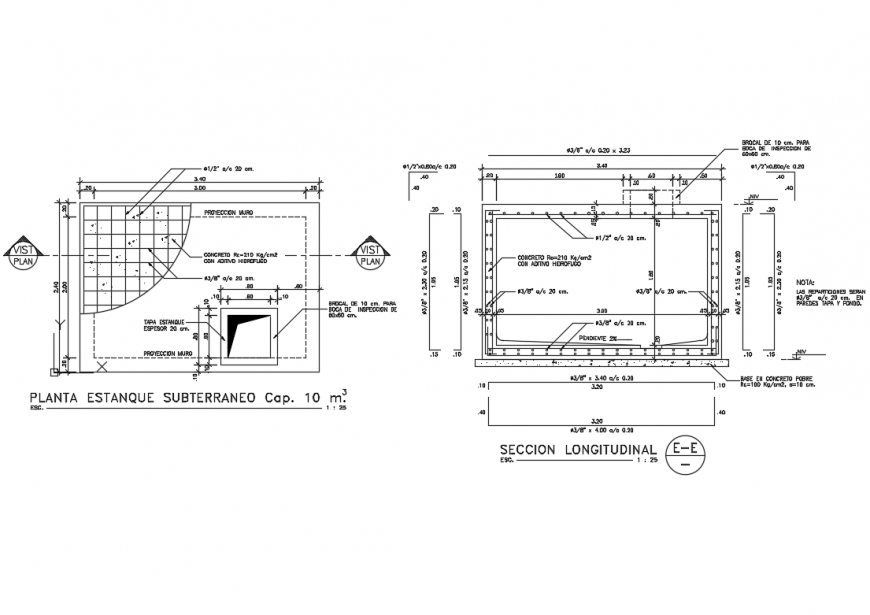 Garden pond constructive structure cad drawing details dwg file