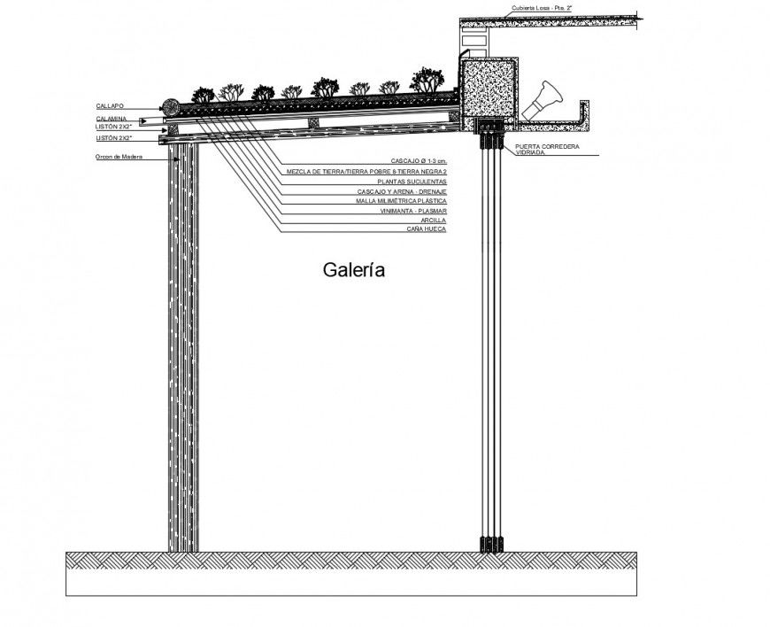 Garden roof detail elevation in auto cad