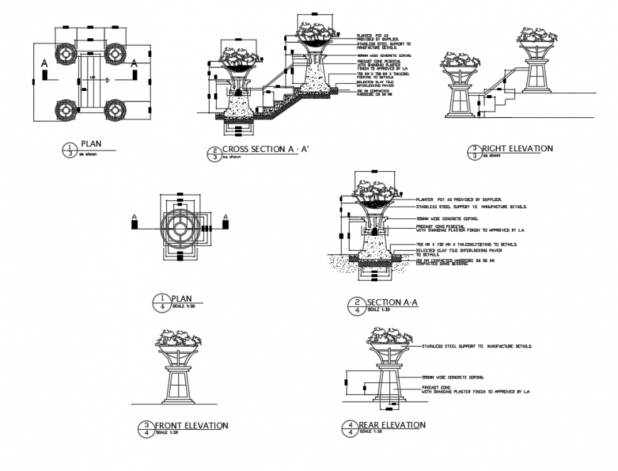 Garden stone planter elevations, sections and plan details dwg file