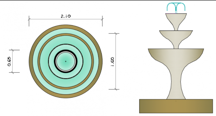 Garden water fountain plan and elevation
