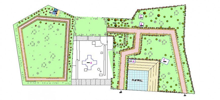Garden with temple layout plan and landscaping structure details dwg file