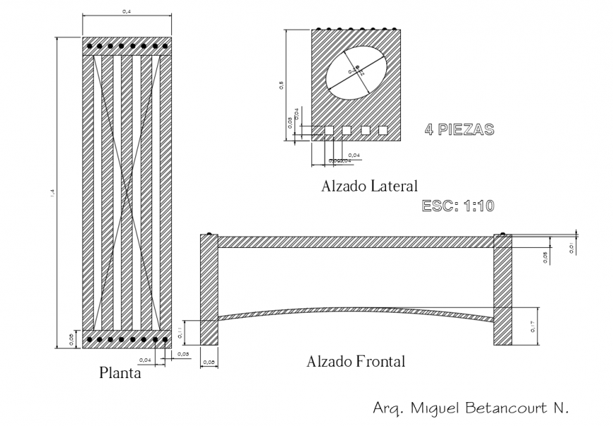 Garden wooden bench elevation section and plan details dwg file