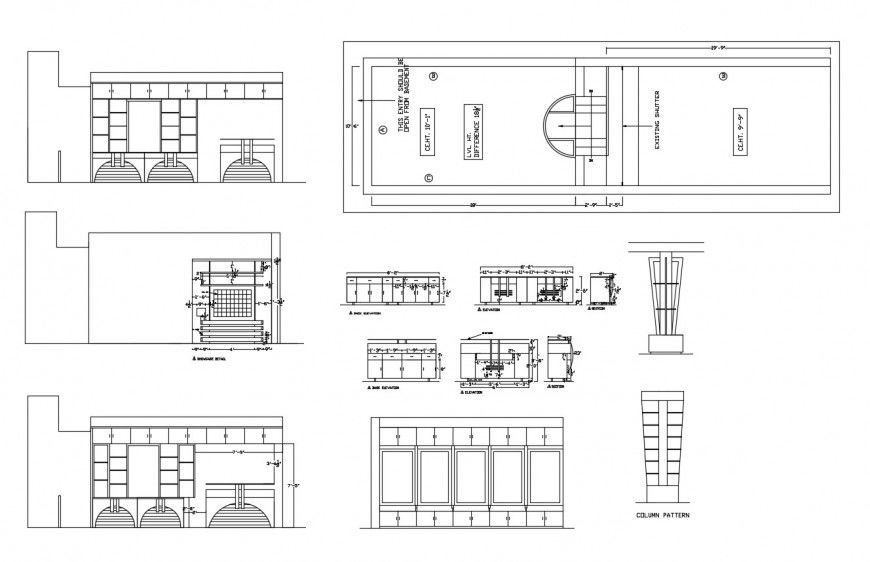 Garment shop elevations, section, plan and furniture details dwg file