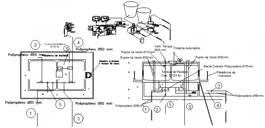 Gas and hot water single line network with cold water detail in AutoCAD