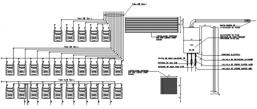 Gas installation and plan details for hospital building dwg file