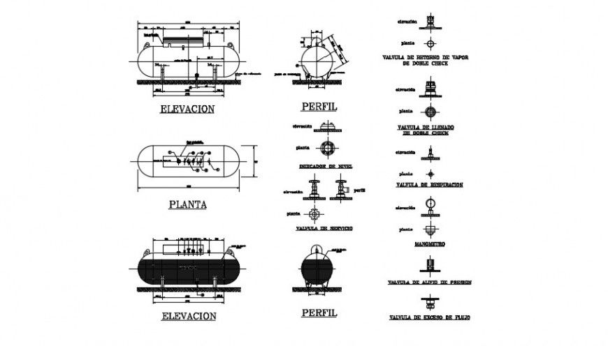 Gas tank elevation, section and installation drawing details dwg file