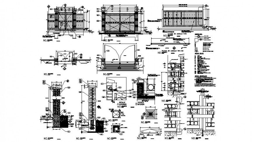 Gate and fence elevation, section and construction cad drawing details dwg file