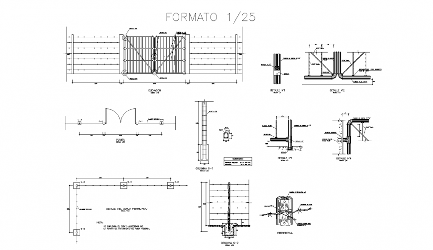 Gate and fence elevation, section and constructive installation cad drawing details dwg file