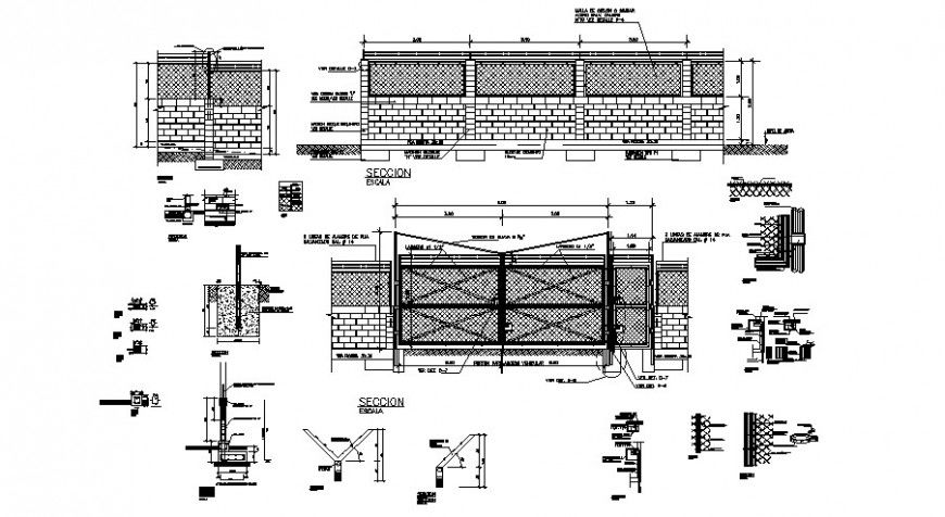 Gate and fence section and constructive structure details dwg file