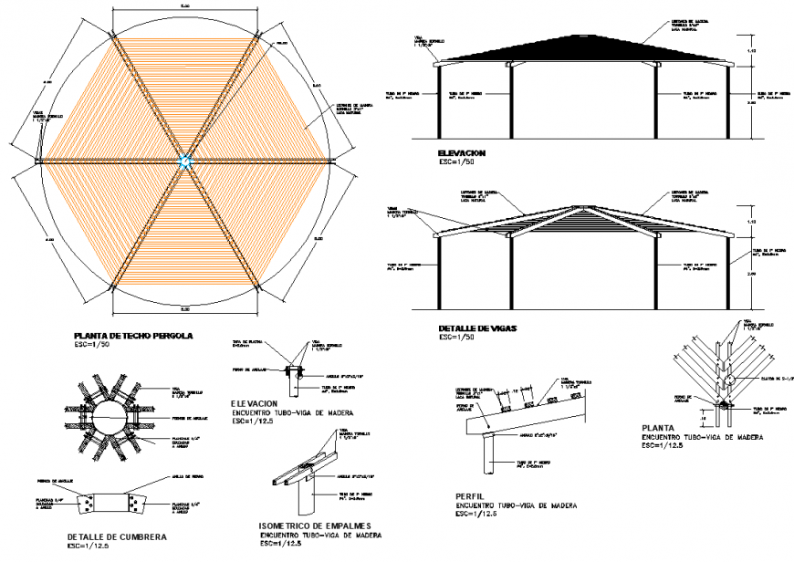 Gazebo construction working drawing in dwg file.