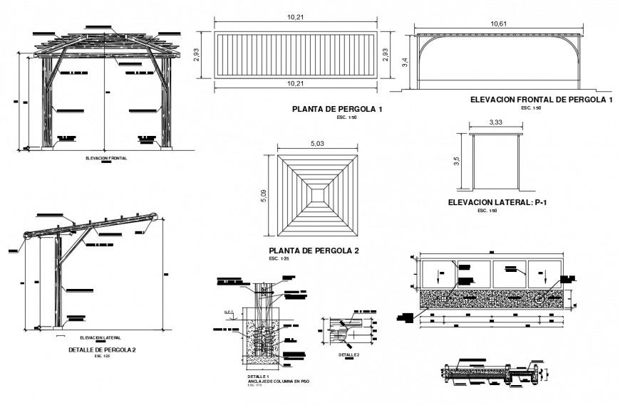 Gazebo detail 2d view elevation and plan layout file in autocad format