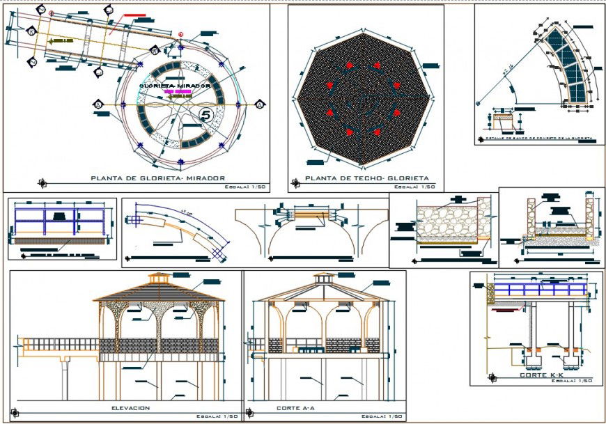 Gazebo for garden constructive section, plan and structure drawing details dwg file