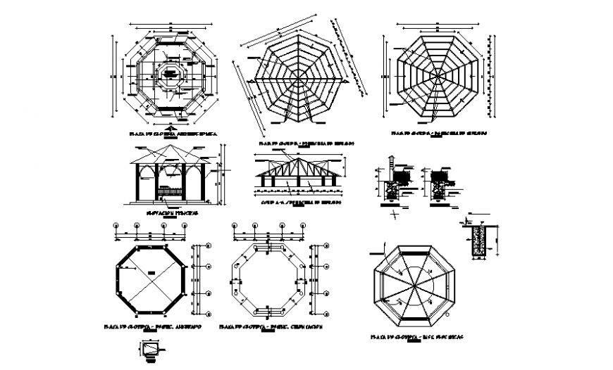 Gazebo garden equipment elevation, section and plan details dwg file
