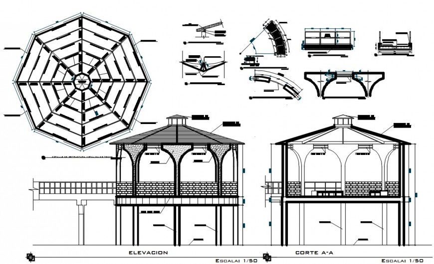 Gazebo house type elevation, section, plan and carpentry details dwg file