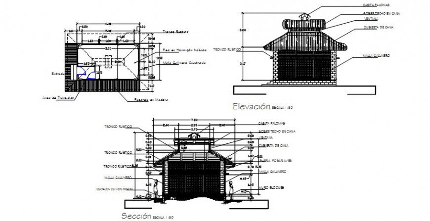 Gazebo roof house type elevation, constructive section and plan details dwg file