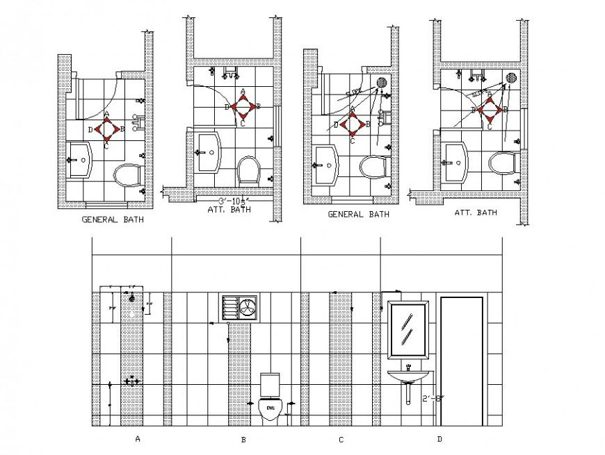 General bathroom section, plan and installation cad drawing details dwg file