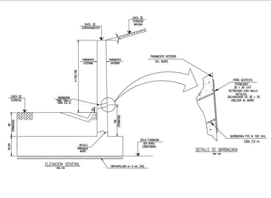 General elevation and structure details of retaining wall dwg file