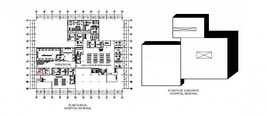 General hospital detail layout plan in dwg AutoCAD file.