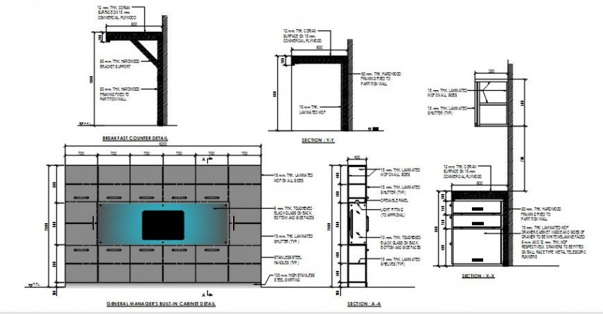 General manager cabinet elevation and bank furniture cad drawing details dwg file