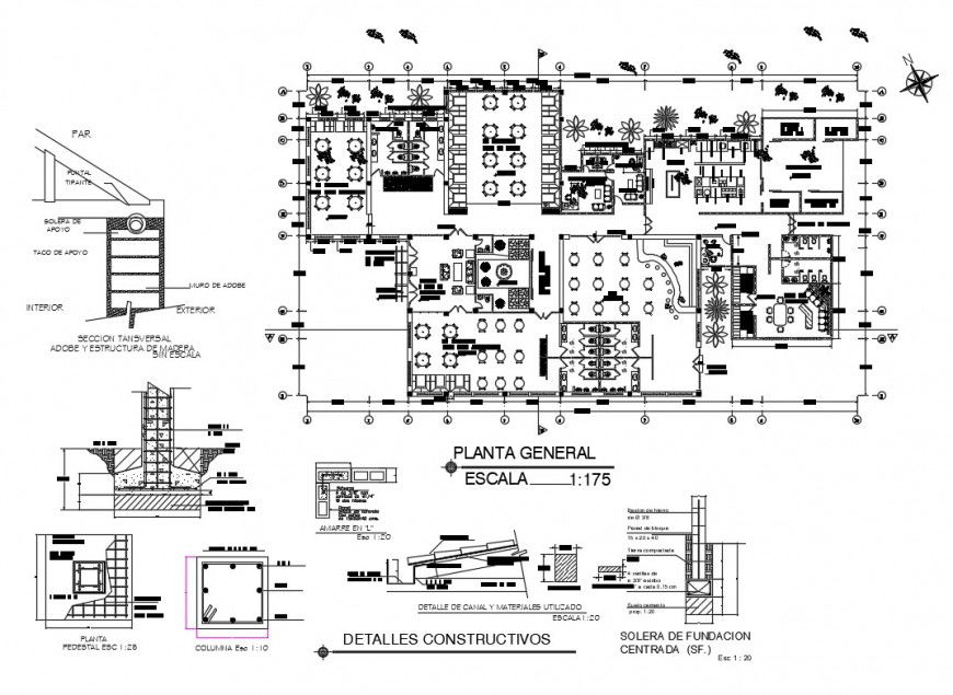 General plan and auto-cad details of multi-cuisine restaurant dwg file