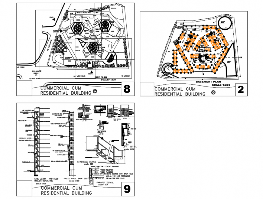 General plan with basement plan and constructive details of commercial cum residential building dwg file