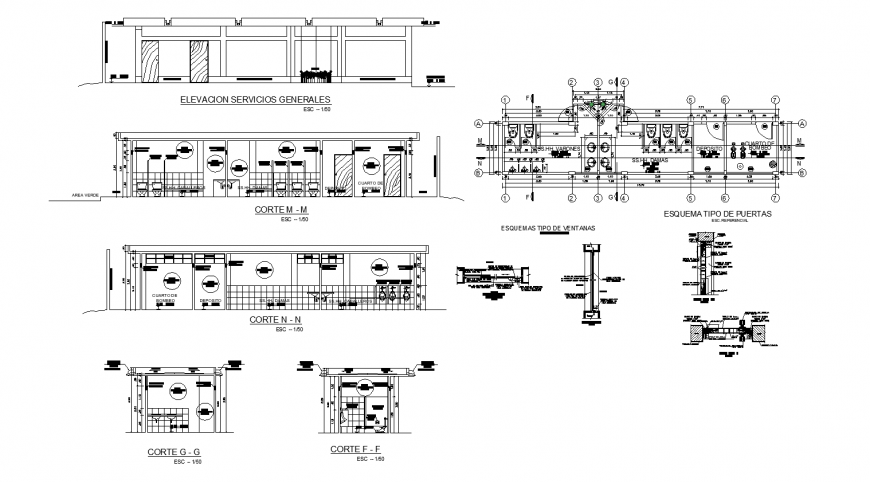 General sanitary facilities elevation, section, plan and installation details dwg file