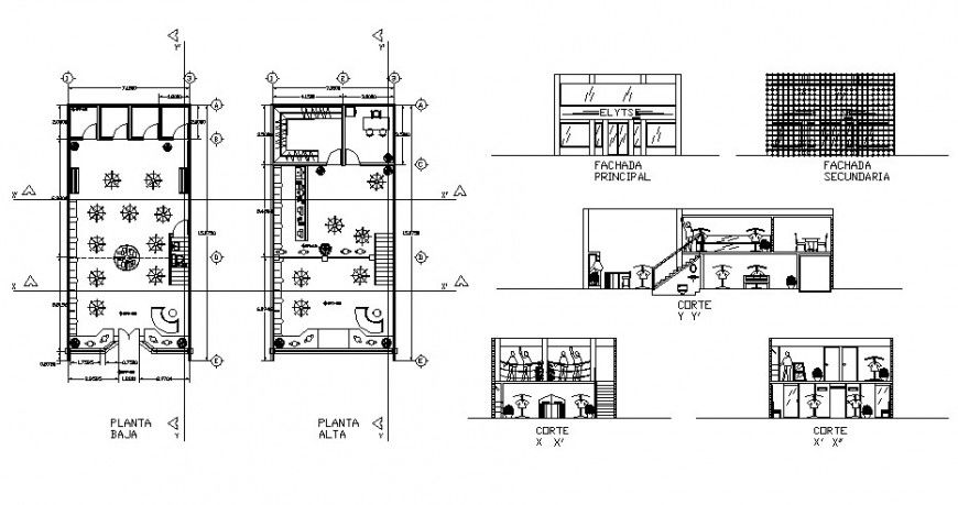 General store building plan, elevation and section autocad file