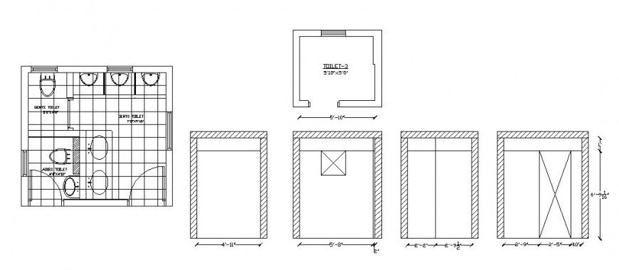 General toilet sections, plan and installation cad drawing details dwg file