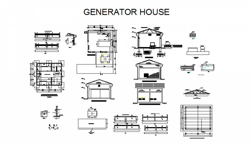 Generator house elevation, section, foundation plan and constructive structure details dwg file