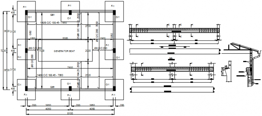 Generator machine house constructive section and plan details dwg file