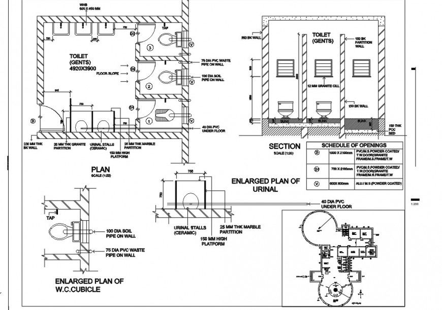 Gents public toilet detail plan and section 2d view CAD sanitary block autocad file