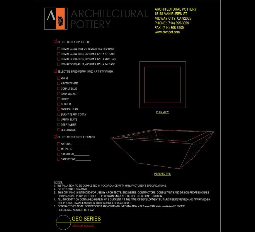 Geo low square planter drawing details in dwg file.