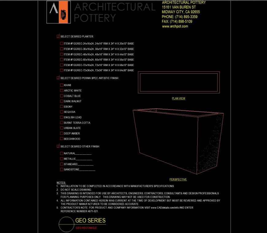 Geo rectangle planter drawing details in dwg file.