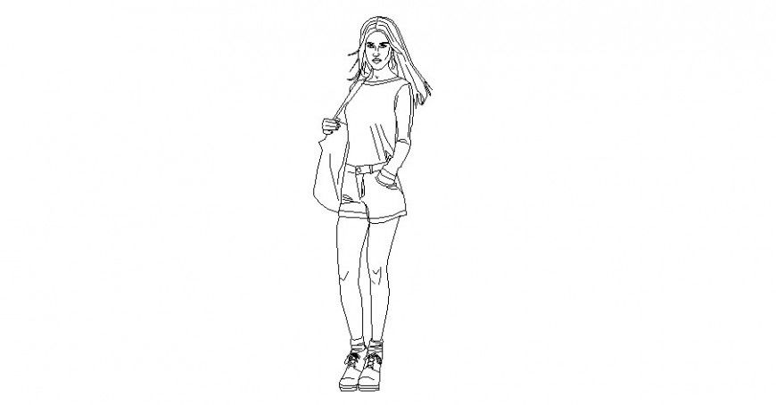 Girl with shorts standing looking in the camera people block dwg file