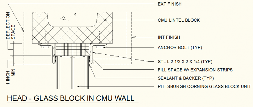 Glass Block in CMU wall detail plan and elevation layout file