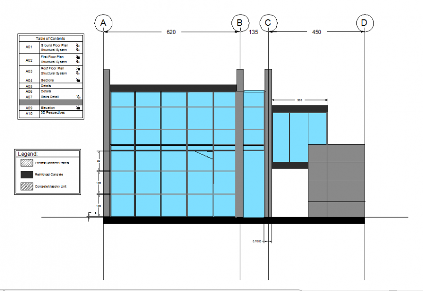 Glass building structure designing front elevation detail dwg file