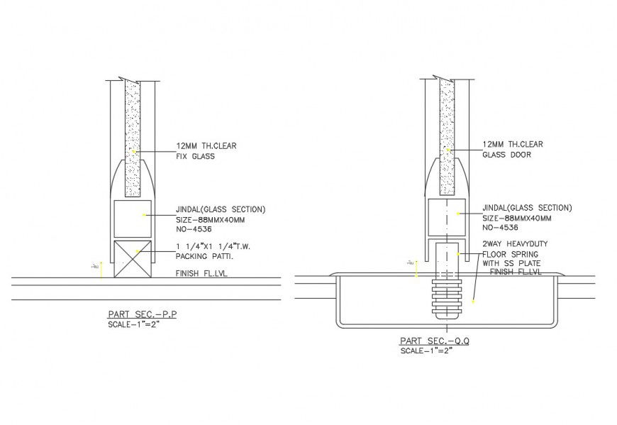 Glass door floor pivot section and installation details dwg file