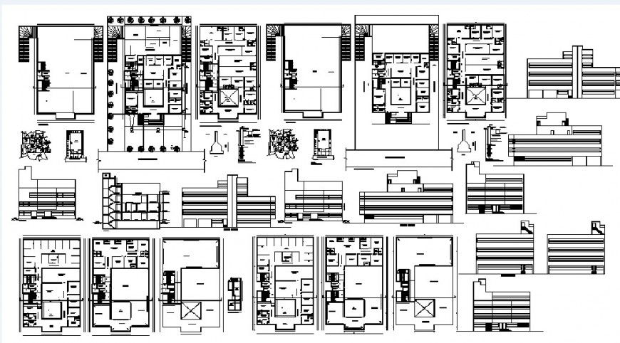 Global hospital elevations, sections and floor plan distribution plan details dwg file