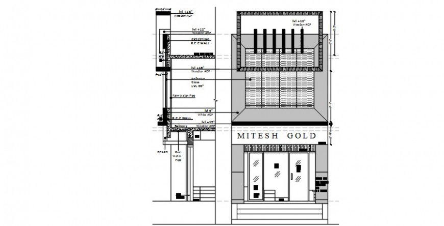 Gold shop store elevation and constructive section drawing details dwg file