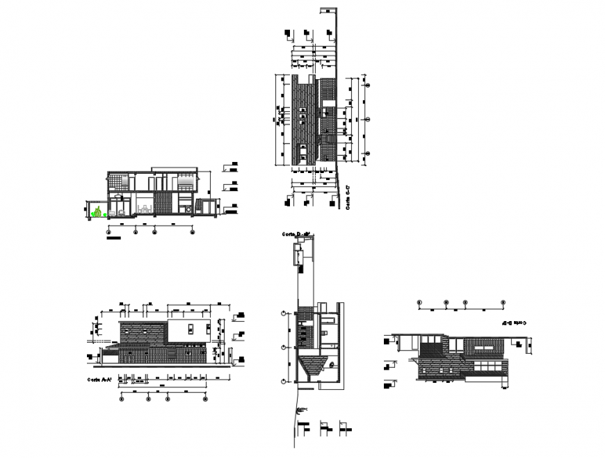 Golf club house all sided elevation and sectional details dwg file