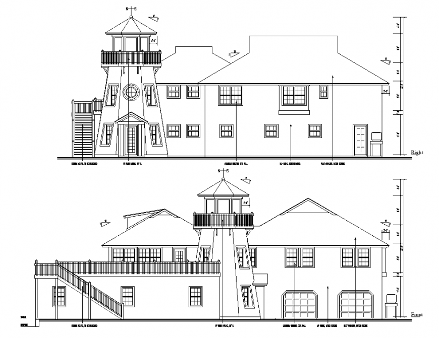 Gothic structure house exterior elevation in dwg AutoCAD file.