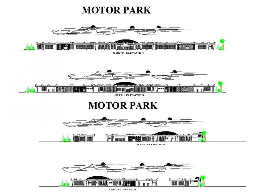 Government bus station building all sided elevation and sectional details dwg file