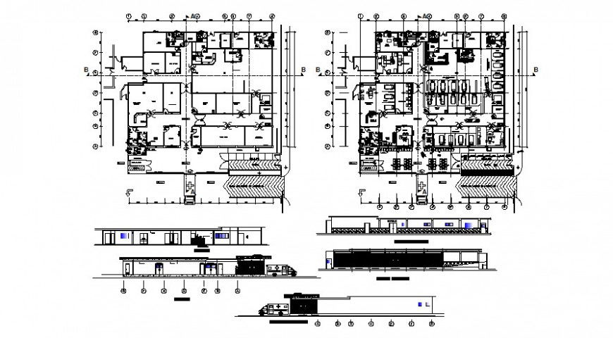 Government hospital building work plan and elevation autocad