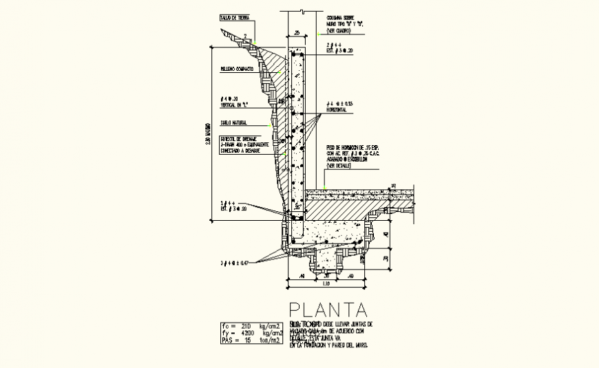 Gravity retaining wall structure detail 2d view layout autocad file